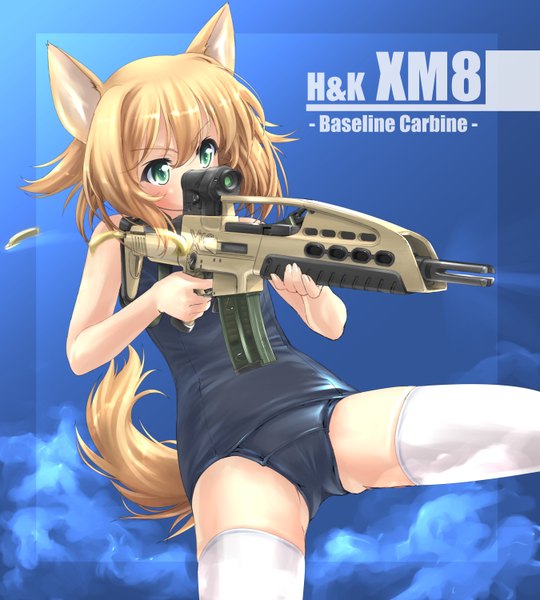 Anime picture 1350x1500 with original mao (6r) tall image short hair light erotic blonde hair green eyes animal ears tail fox tail girl thighhighs weapon swimsuit white thighhighs gun one-piece swimsuit school swimsuit rifle xm8