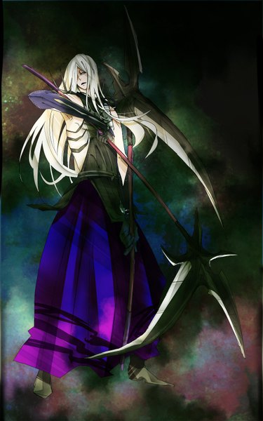 Anime picture 1050x1680 with sengoku basara production i.g akechi mitsuhide single long hair tall image looking at viewer fringe open mouth standing bare shoulders white hair traditional clothes grey hair hair over one eye dark background boy gloves weapon armor