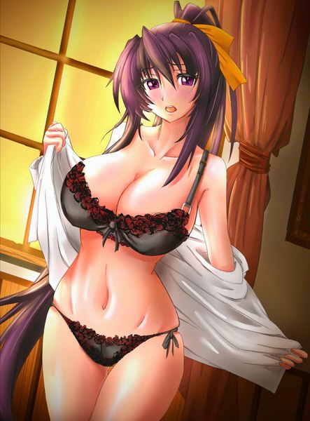 Anime picture 1503x2034 with highschool dxd himejima akeno hyusuken single tall image looking at viewer blush fringe breasts open mouth light erotic black hair hair between eyes standing purple eyes bare shoulders payot ponytail indoors very long hair