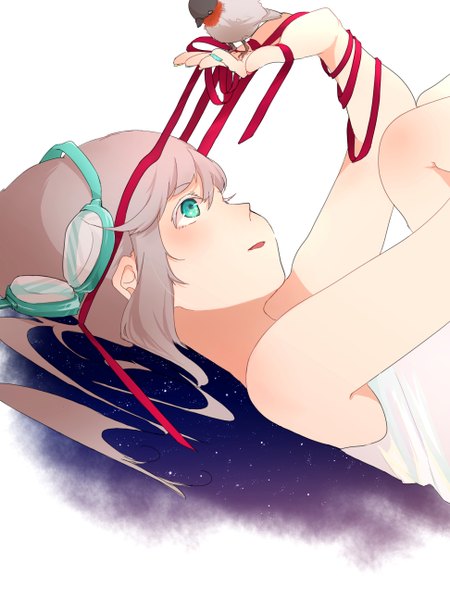 Anime picture 1943x2591 with original miwano rag single tall image fringe highres short hair open mouth blue eyes bare shoulders holding pink hair lying fingernails night night sky looking up close-up long fingernails bird on hand