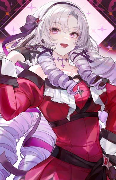 Anime picture 1623x2510 with virtual youtuber nijisanji hyakumantenbara salome hyakumantenbara salome (1st costume) bibimbub single long hair tall image looking at viewer open mouth purple eyes purple hair :d from below hand on hip drill hair tress ribbon girl dress gloves