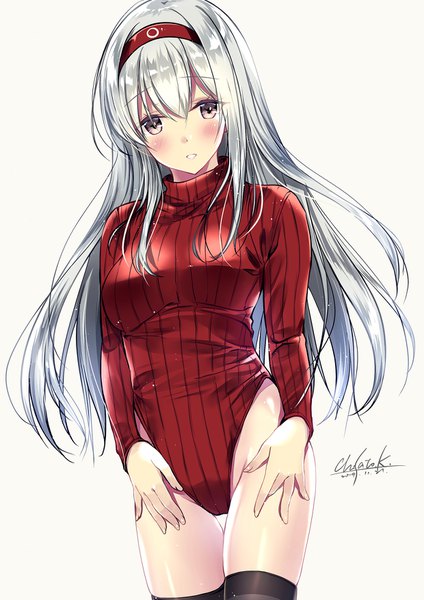 Anime picture 1240x1754 with kantai collection shoukaku aircraft carrier kobayashi chisato single long hair tall image looking at viewer blush fringe breasts light erotic simple background hair between eyes standing brown eyes signed silver hair parted lips fingernails sweat