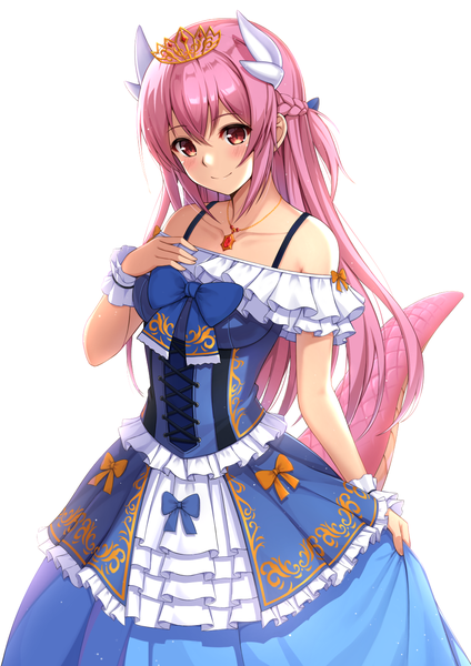 Anime picture 1000x1415 with original maemi (maemi12) single long hair tall image looking at viewer blush fringe simple background smile white background bare shoulders holding brown eyes payot pink hair tail braid (braids) traditional clothes head tilt