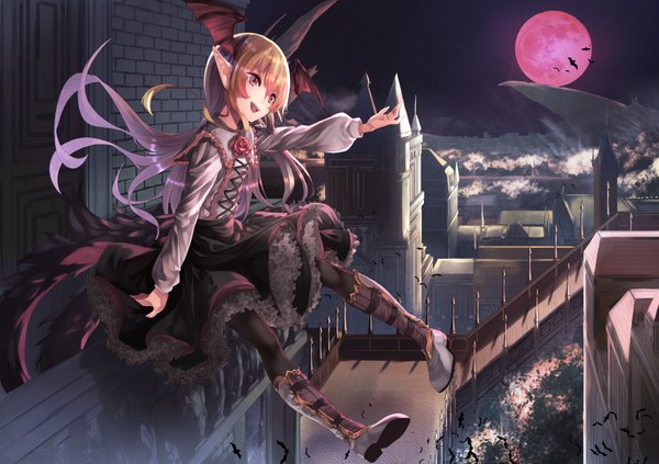 Anime picture 2006x1416 with shingeki no bahamut granblue fantasy vampy saraki single long hair fringe highres blonde hair smile hair between eyes red eyes sitting looking away pink hair full body outdoors head tilt multicolored hair wind