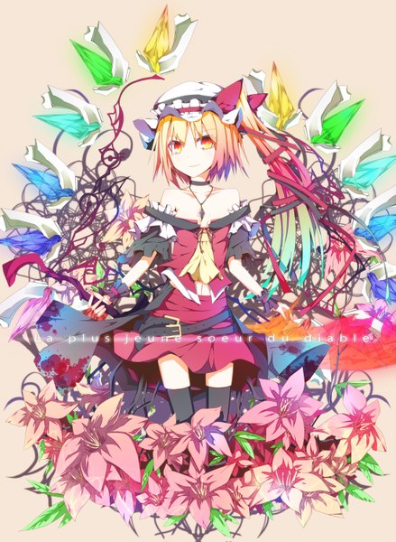 Anime picture 1097x1500 with touhou flandre scarlet ichiyan (artist) single long hair tall image short hair simple background smile bare shoulders yellow eyes looking away ponytail multicolored hair side ponytail girl thighhighs flower (flowers) ribbon (ribbons) black thighhighs