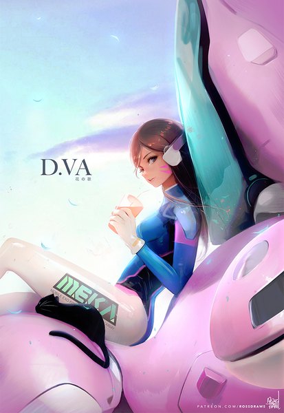 Anime picture 700x1017 with overwatch blizzard entertainment d.va (overwatch) meka (overwatch) rossdraws (ross tran) single long hair tall image looking at viewer brown hair sitting brown eyes signed sky realistic character names facial mark whisker markings girl headphones