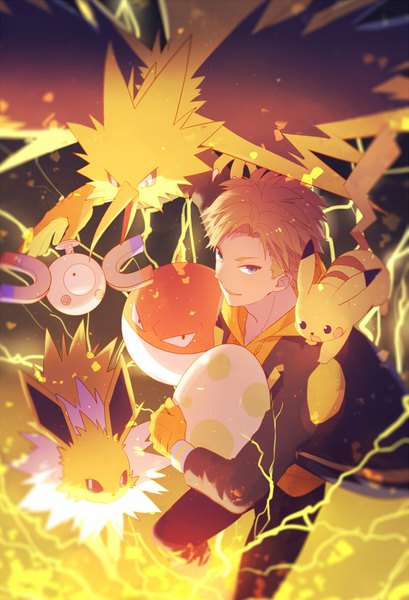 Anime picture 800x1173 with pokemon pokemon (game) pokemon go nintendo pikachu jolteon zapdos magnemite voltorb spark (pokemon) natural wind single tall image looking at viewer short hair blue eyes blonde hair smile from above electricity