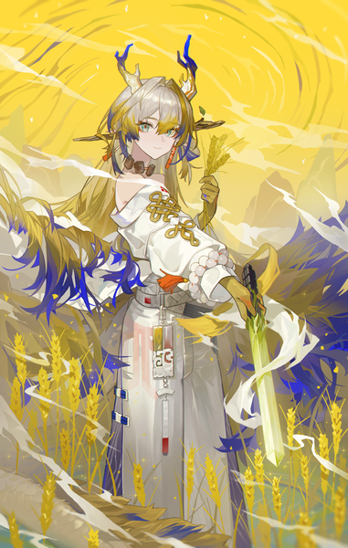 Anime picture 1461x2300 with arknights shu (arknights) lettereast single long hair tall image fringe blue eyes hair between eyes standing multicolored hair horn (horns) grey hair girl weapon earrings sword wheat
