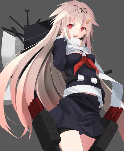 Anime picture 2406x2914 with kantai collection yuudachi destroyer nao (qqqbb) single long hair tall image looking at viewer fringe highres open mouth simple background blonde hair red eyes payot pink hair multicolored hair grey background adjusting hair gradient hair remodel (kantai collection)