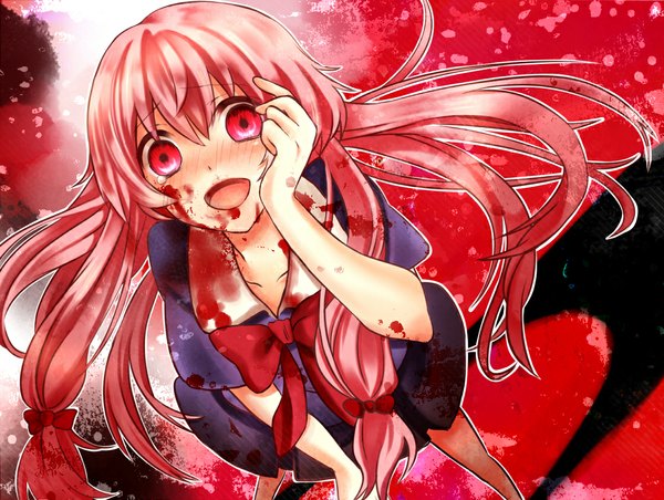 Anime picture 1118x843 with mirai nikki gasai yuno single long hair blush open mouth red eyes red hair girl uniform bow school uniform blood