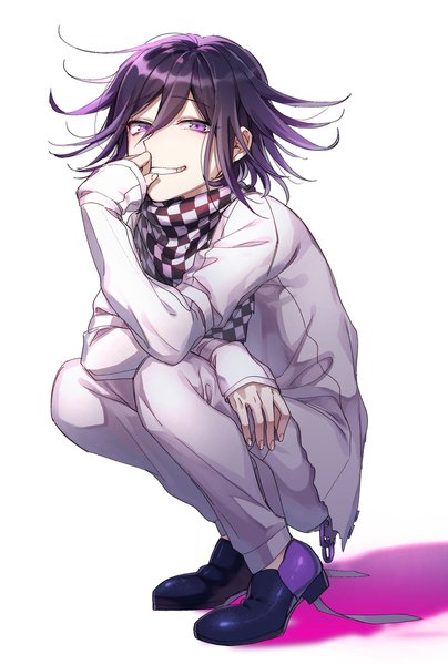 Anime picture 1382x2048 with dangan ronpa new danganronpa v3 ouma kokichi nanin single tall image looking at viewer fringe short hair simple background smile hair between eyes white background purple eyes purple hair full body bent knee (knees) grin sleeves past wrists squat