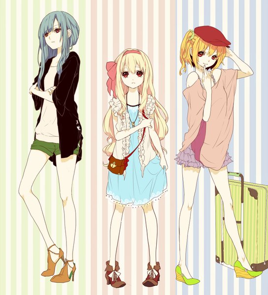 Anime picture 1560x1720 with kagerou project shaft (studio) mary (kagerou project) kido tsubomi kisaragi momo abararack long hair tall image looking at viewer short hair open mouth blonde hair smile red eyes standing twintails bare shoulders multiple girls blue hair looking away