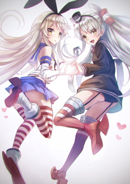 Anime picture 1000x1416 with kantai collection shimakaze destroyer amatsukaze destroyer kamiljm long hair tall image blush open mouth light erotic blonde hair white background multiple girls yellow eyes white hair two side up pantyshot girl thighhighs skirt gloves