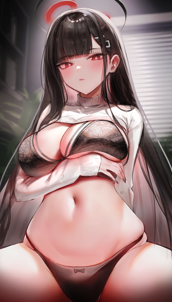 Anime picture 2281x4000 with blue archive rio (blue archive) maruccy single long hair tall image looking at viewer blush fringe highres breasts light erotic black hair red eyes large breasts sitting indoors blunt bangs long sleeves fingernails