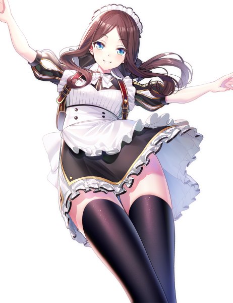 Anime picture 924x1200 with fate (series) fate/grand order leonardo da vinci (fate) ririko (zhuoyandesailaer) single long hair tall image looking at viewer blush fringe breasts blue eyes simple background smile brown hair standing white background parted lips from below short sleeves
