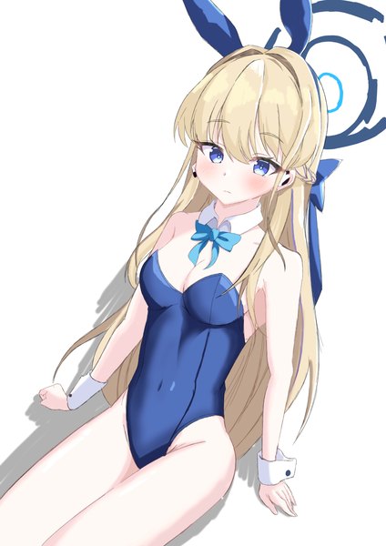 Anime picture 4961x7016 with blue archive toki (blue archive) toki (bunny) (blue archive) terusuke 0715 single long hair tall image looking at viewer blush fringe highres breasts blue eyes light erotic simple background blonde hair large breasts white background sitting bare shoulders