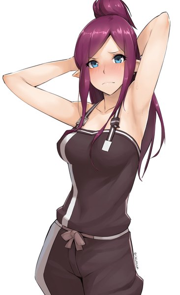 Anime picture 659x1080 with macross macross delta mirage farina jenius netlk single long hair tall image looking at viewer blush breasts blue eyes simple background large breasts standing signed payot purple hair ponytail pointy ears armpit (armpits)