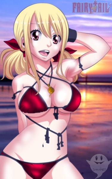 Anime picture 1000x1596 with fairy tail lucy heartfilia seireiart single long hair tall image open mouth light erotic blonde hair smile twintails brown eyes sky cloud (clouds) sunlight inscription armpit (armpits) coloring evening reflection