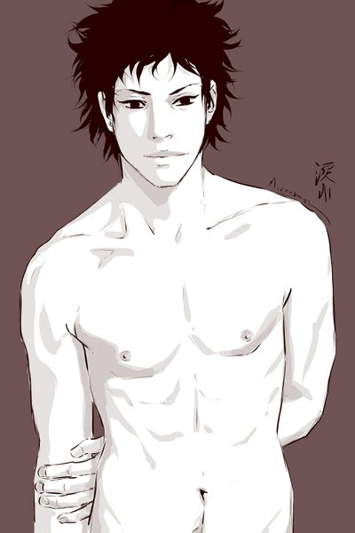 Anime picture 1333x2000 with naruto studio pierrot naruto (series) uchiha shisui mornesonge single tall image looking at viewer short hair black hair simple background signed nipples black eyes topless brown background shirtless boy navel