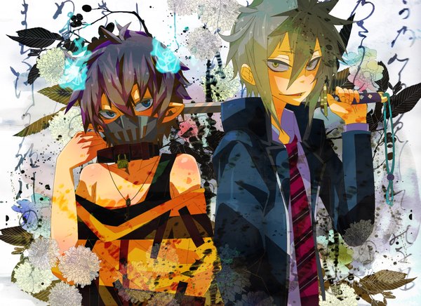 Anime picture 2109x1533 with guilty crown ao no exorcist a-1 pictures production i.g okumura rin kenji kido tagme (artist) highres short hair blue eyes black hair bare shoulders yellow eyes pointy ears multiple boys boy uniform flower (flowers) weapon school uniform