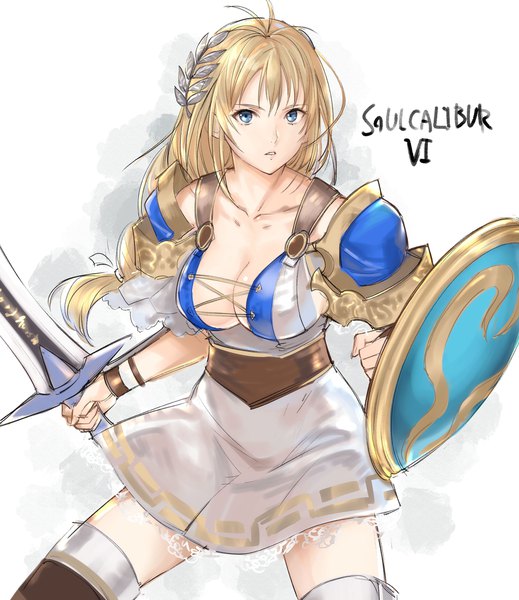 Anime picture 1950x2254 with soulcalibur sophitia alexandra tetsu (kimuchi) single long hair tall image looking at viewer fringe highres breasts light erotic simple background hair between eyes large breasts standing white background ahoge braid (braids) parted lips copyright name