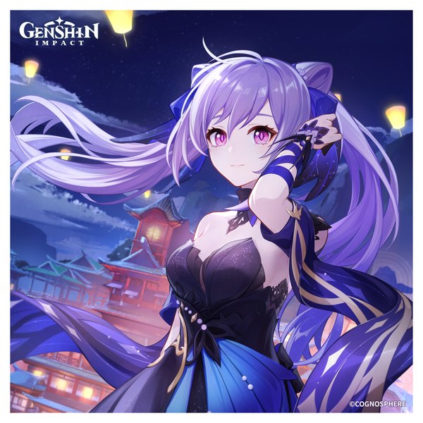 Anime-Bild 2500x2500 mit genshin impact keqing (genshin impact) keqing (opulent splendor) (genshin impact) single long hair looking at viewer fringe highres breasts smile hair between eyes purple eyes twintails bare shoulders payot purple hair outdoors arm up wind night