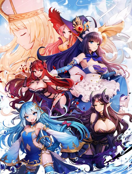 Anime picture 2000x2628 with king's raid erze (king's raid) lilia (king's raid) mirianne (king's raid) frey (king's raid) cleo (king's raid) shamilla (king's raid) ango long hair tall image looking at viewer blush fringe highres breasts open mouth blue eyes light erotic black hair blonde hair
