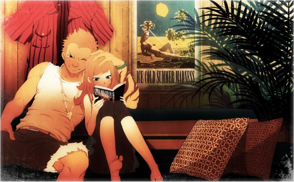 Anime picture 1280x795 with hedge long hair short hair wide image sitting one eye closed wink orange hair tattoo wallpaper reading girl boy shirt bracelet belt pillow book (books) picture