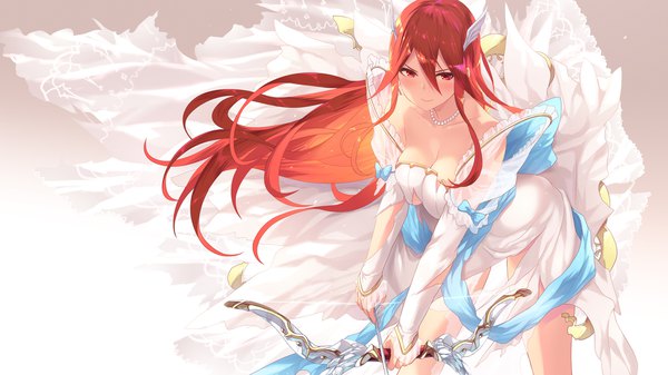 Anime picture 1920x1080 with fire emblem fire emblem awakening fire emblem heroes nintendo cordelia (fire emblem) cordelia (bridal) (fire emblem) cait single long hair looking at viewer blush fringe highres breasts light erotic simple background smile hair between eyes red eyes wide image