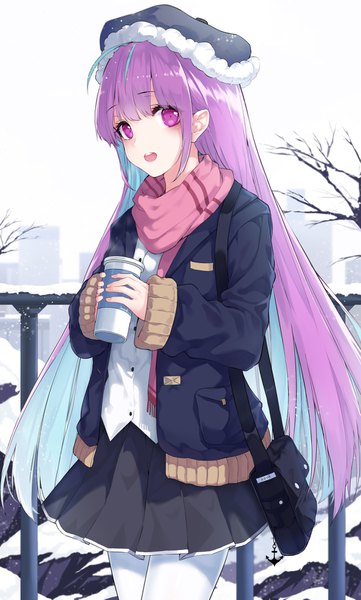 Anime picture 1000x1659 with virtual youtuber hololive minato aqua snozaki single long hair tall image looking at viewer purple eyes holding payot purple hair outdoors pleated skirt multicolored hair two-tone hair :o streaked hair winter snow