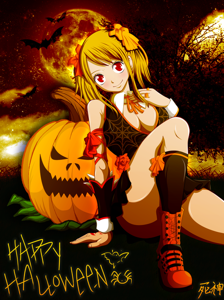 Anime picture 3763x5029 with fairy tail lucy heartfilia thecarrotsaysyumyum single long hair tall image blush highres light erotic blonde hair smile red eyes absurdres night tattoo night sky coloring halloween happy halloween girl
