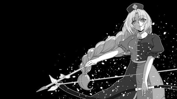 Anime picture 1920x1080 with touhou yagokoro eirin sunatoshi single long hair looking at viewer fringe highres open mouth simple background wide image holding braid (braids) short sleeves wallpaper puffy sleeves single braid black background monochrome outline