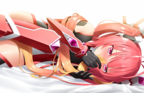 Anime picture 1068x688 with ore twintail ni narimasu production ims tail red haribote (tarao) single long hair looking at viewer blush red eyes white background twintails red hair girl gloves hair ornament black gloves