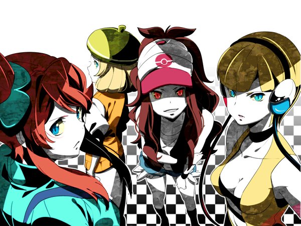 Anime picture 1024x768 with pokemon pokemon black and white nintendo hilda (pokemon) elesa (pokemon) skyla (pokemon) bianca (pokemon) 84k (artist) long hair blue eyes blonde hair smile red eyes brown hair bare shoulders multiple girls red hair checkered girl hat