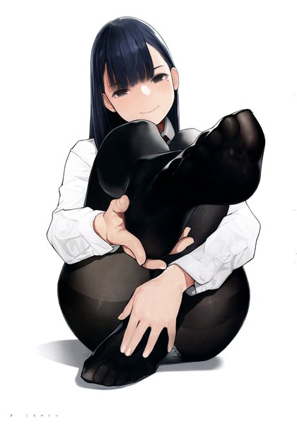 Anime picture 3248x4639 with miru tights nakabeni yua yomu (sgt epper) single long hair tall image blush fringe highres light erotic black hair simple background smile white background sitting absurdres ass blunt bangs head tilt black eyes