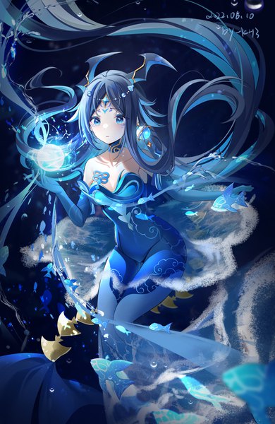 Anime picture 1301x2000 with genshin impact bonanus (genshin impact) miaogujun single tall image blue eyes black hair signed looking away very long hair horn (horns) magic dated forehead mark girl gloves animal elbow gloves bodysuit fish (fishes)