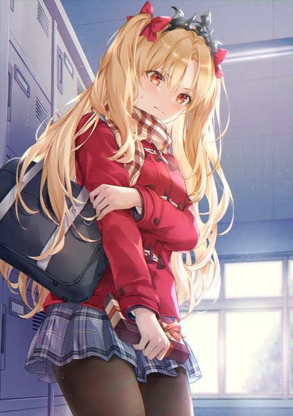 Anime picture 1000x1419 with fate (series) fate/grand order ereshkigal (fate) higeneko single long hair tall image looking at viewer blush fringe blonde hair hair between eyes red eyes standing holding indoors long sleeves pleated skirt embarrassed plaid skirt