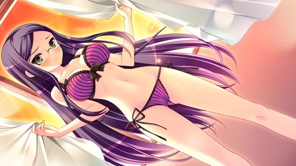 Anime picture 2048x1152 with pochi to goshujin-sama yamamine hijiri bernard hamashima shigeo long hair highres light erotic black hair wide image green eyes game cg underwear only girl underwear panties glasses