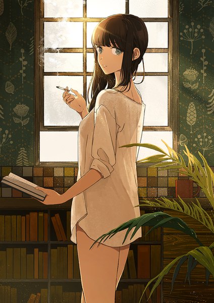 Anime picture 800x1131 with original kurokeisin single long hair tall image looking at viewer fringe smile brown hair standing holding payot indoors blunt bangs parted lips looking back from behind sunlight bare legs grey eyes