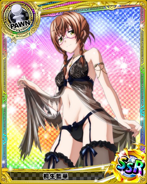 Anime picture 640x800 with highschool dxd kiryuu aika single long hair tall image looking at viewer blush breasts light erotic brown hair bare shoulders yellow eyes braid (braids) torn clothes card (medium) girl thighhighs navel underwear panties