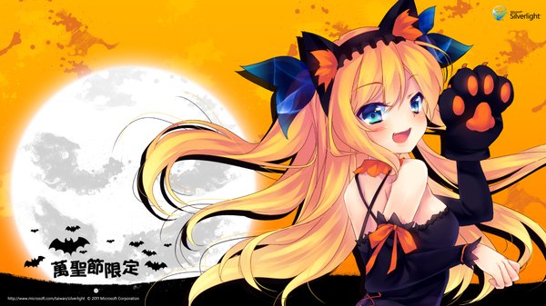 Anime picture 1920x1080 with microsoft aizawa hikaru shinia single long hair blush highres open mouth blue eyes blonde hair wide image bare shoulders animal ears cat ears girl moon