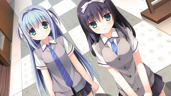 Anime picture 1920x1080 with kurano kun chi no futago jijou kurano ema kurano yae kanekiyo miwa long hair blush highres black hair wide image multiple girls green eyes blue hair game cg two side up girl uniform bow 2 girls hair bow school uniform