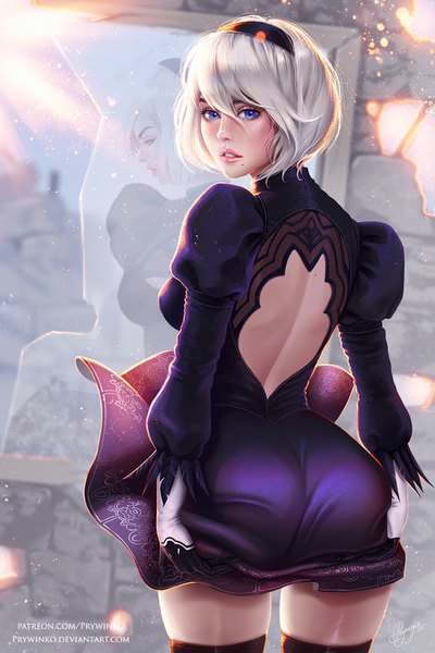 Anime picture 1000x1500 with nier nier:automata yorha no. 2 type b olga narhova single tall image looking at viewer fringe short hair blue eyes light erotic hair between eyes silver hair ass parted lips lips realistic mole back reflection