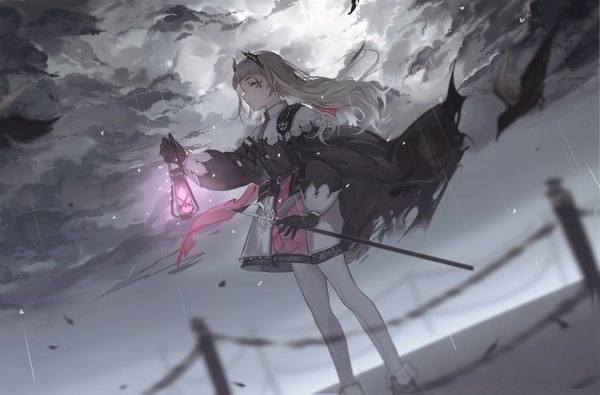 Anime picture 1034x680 with arknights irene (arknights) mlcc 3190969461 single long hair looking at viewer fringe holding outdoors blunt bangs profile horn (horns) grey hair rain girl dress gloves weapon animal pantyhose