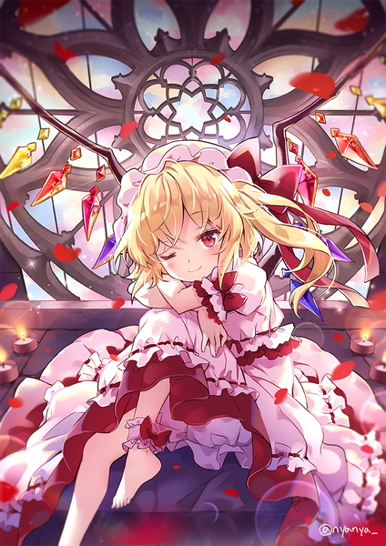 Anime picture 707x1000 with touhou flandre scarlet nyanya single tall image looking at viewer blush short hair blonde hair smile red eyes signed bent knee (knees) one eye closed barefoot wink puffy sleeves twitter username one side up frilled dress