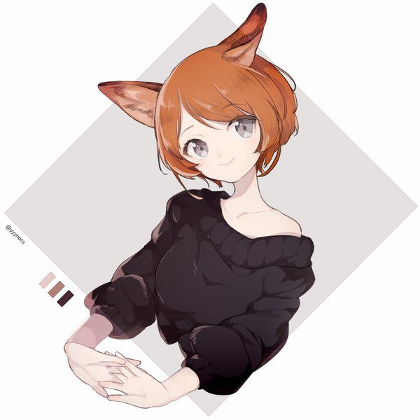 Anime picture 1141x1141 with original captain yue single looking at viewer short hair smile white background signed animal ears upper body orange hair grey eyes twitter username fox ears interlocked fingers girl sweater