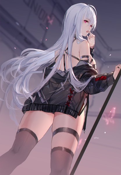 Anime picture 1329x1919 with closers mirae (closers) swd3e2 single long hair tall image looking at viewer fringe breasts open mouth light erotic hair between eyes red eyes large breasts standing signed silver hair ahoge indoors long sleeves