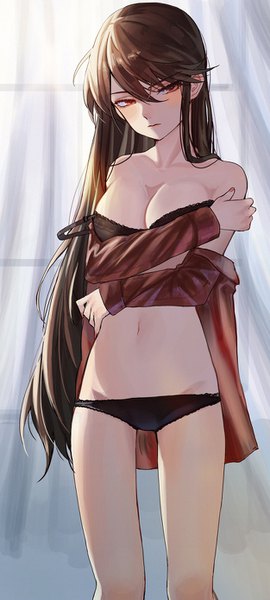 Anime picture 626x1390 with fate (series) fate/grand order oda nobunaga (fate) (all) oda nobunaga (fate) marchab 66 single long hair tall image looking at viewer blush fringe breasts light erotic red eyes brown hair large breasts standing indoors long sleeves head tilt