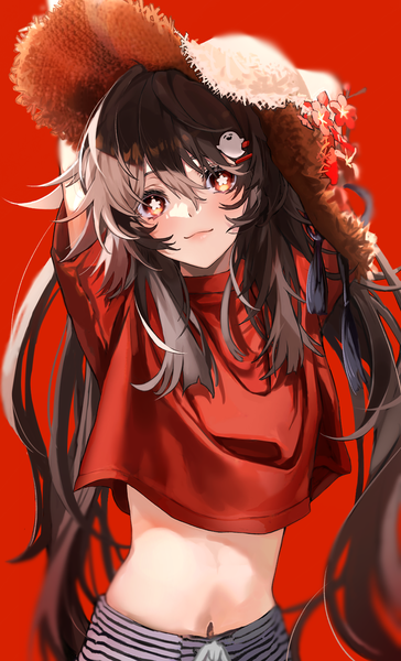 Anime picture 1088x1792 with genshin impact hu tao (genshin impact) boo tao (genshin impact) mimonome single long hair tall image looking at viewer fringe simple background hair between eyes brown hair twintails midriff alternate costume symbol-shaped pupils arms behind head red background girl navel