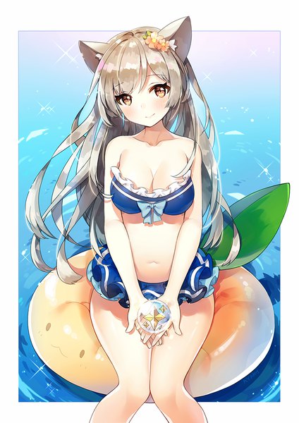 Anime picture 800x1132 with original ayami (annahibi) single long hair tall image looking at viewer blush fringe breasts light erotic smile brown hair large breasts sitting holding brown eyes animal ears cleavage head tilt cat ears